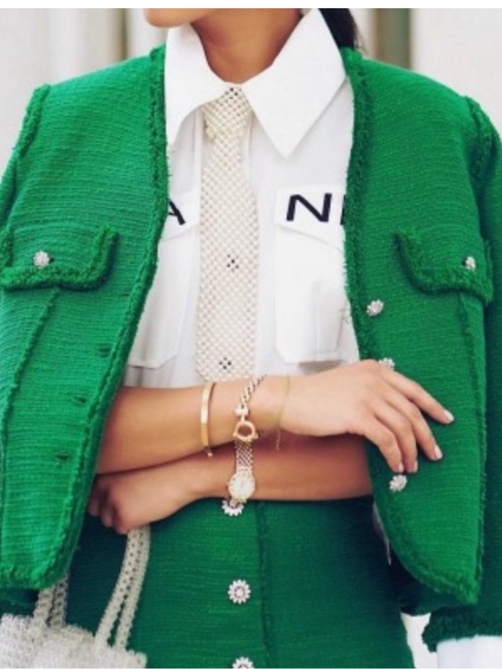 Zara Tweed Kelly Green Fringe Blazer Jacket Jeweled Buttons Bloggers Fave XS